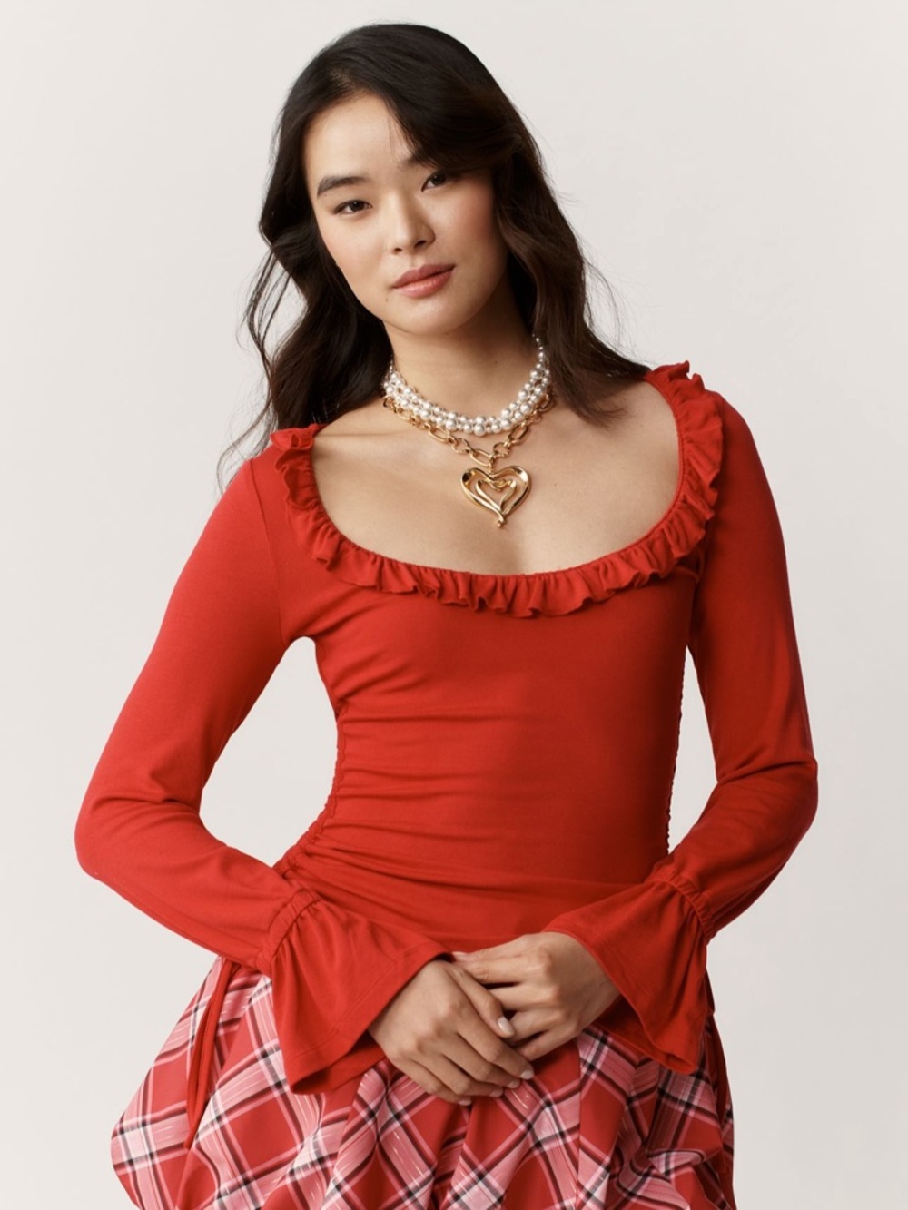 Maeve Red Long Sleeve Ruffle Scoop Neck Top